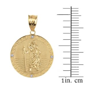 Solid 10k Gold Saint Christopher Diamond Round Medal Catholic Protection Pendant (1")