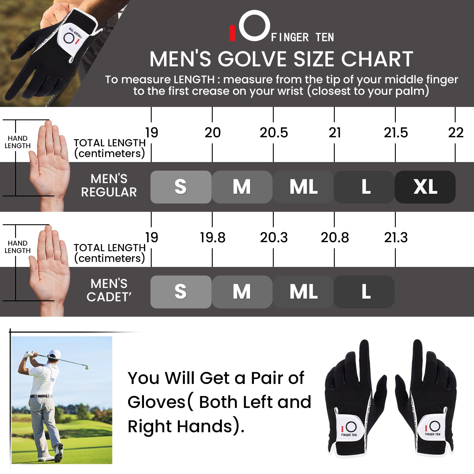 FINGER TEN Men's Golf Gloves Rain Grip Both Hands Pair Left Right Hand, Hot Wet Weather No Sweat Black Gray White Blue Fit Size Small Medium Large XL 2XL 3XL (Dull Black, M/Large)