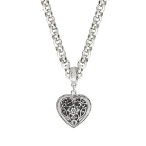 1928 jewelry double sided flower accent heart pendant filigree necklace for women 16" + 3" extender