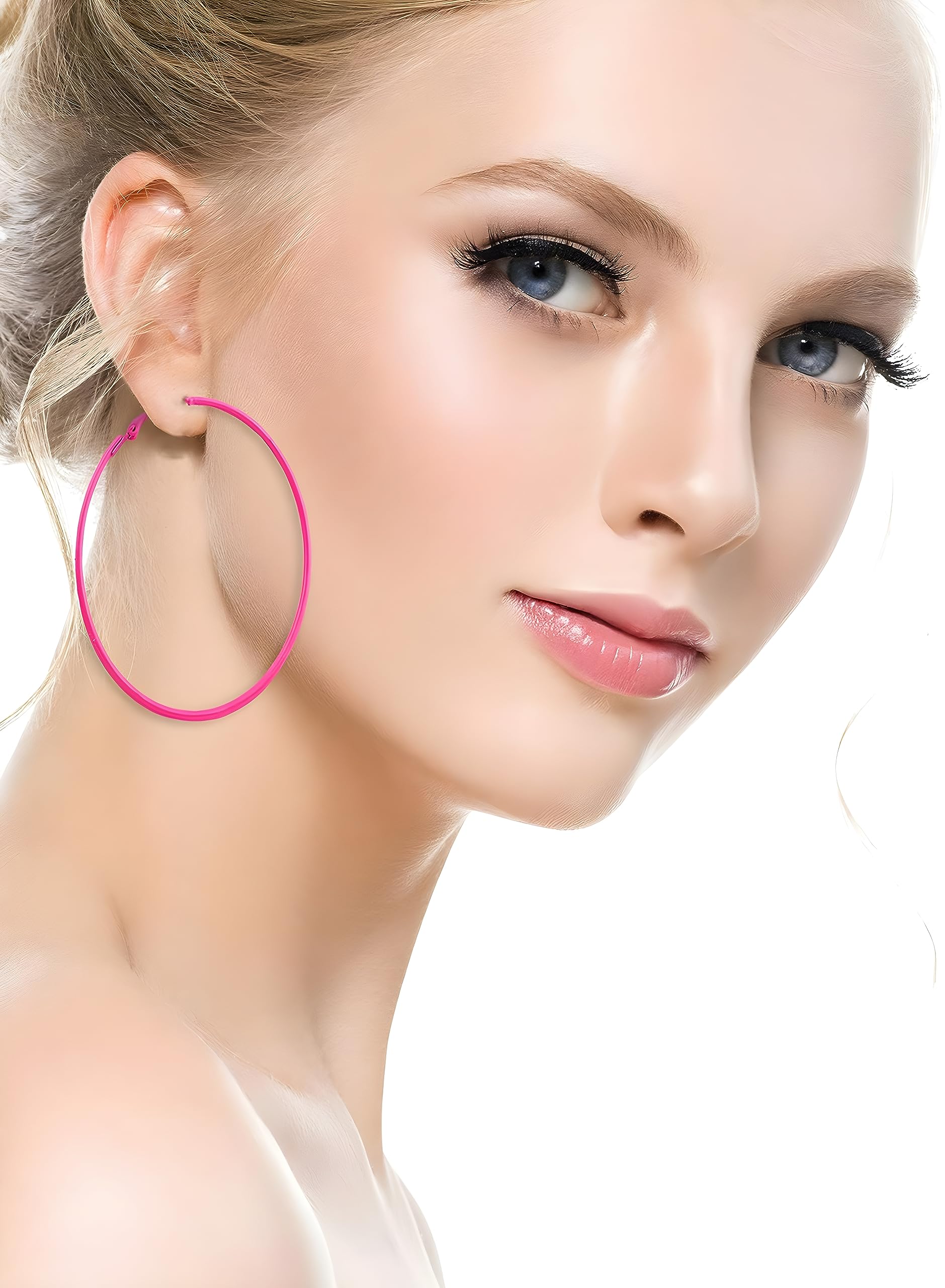 IDB Classic Stainless Steel Big Hoop Earrings - 2.32" x 2.48" x 0.07" (59x63x2mm) - Multiple Colors to choose from (Hot Pink)