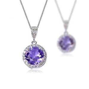 AMYJANE Amethyst Jewelry Set for Bridesmaids - Sterling Silver Round Purple Cubic Zirconia Crystal Bridal Pendant Necklace Earrings Set for Wedding Bride Bridesmaids