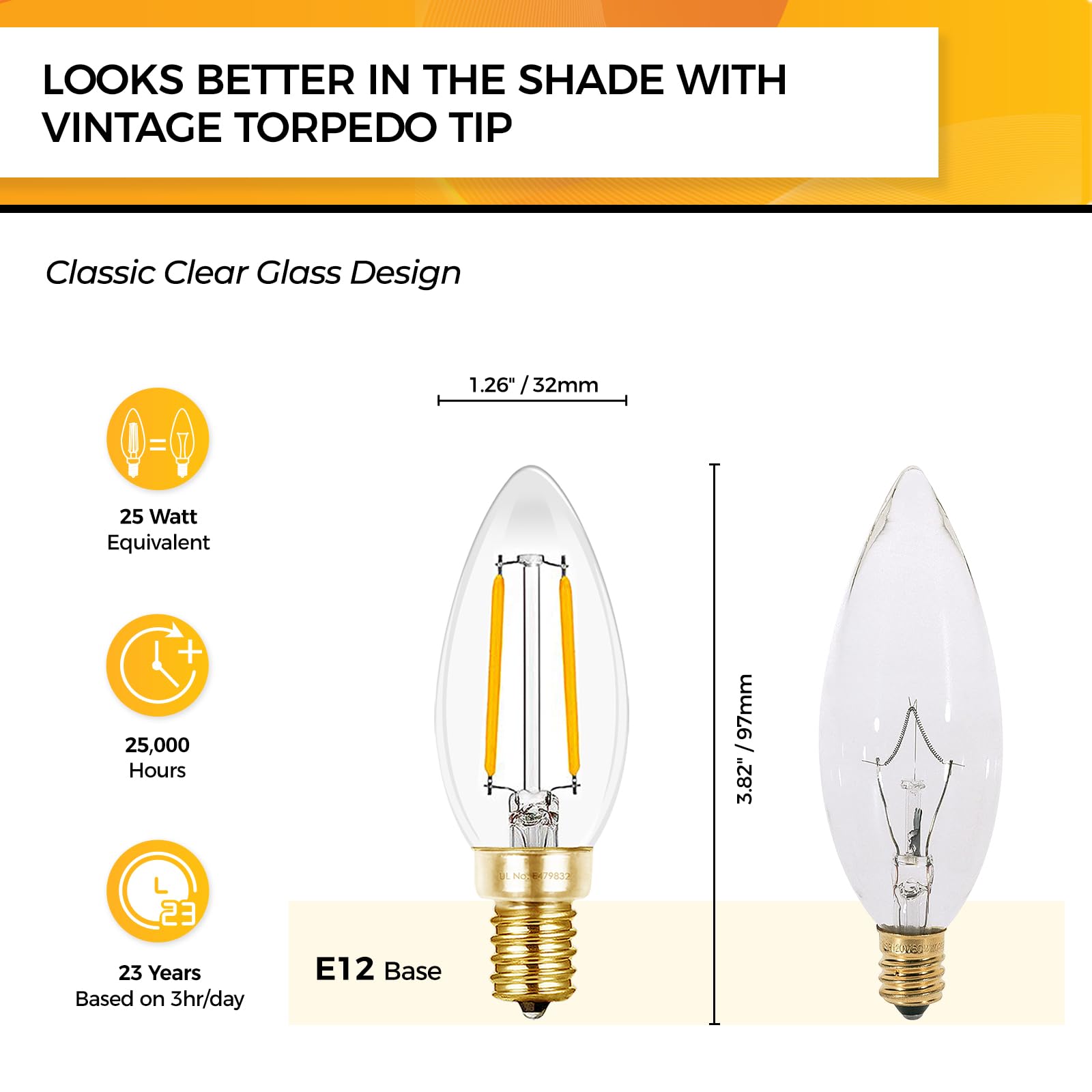 Hizashi Candelabra LED Light Bulbs 25 Watt, Dimmable Chandelier Light Bulbs, 90+ CRI, 200LM, Soft Warm White 2700K, E12 LED Bulb, B10 LED Candle Bulbs, UL Listed, 12 Pack