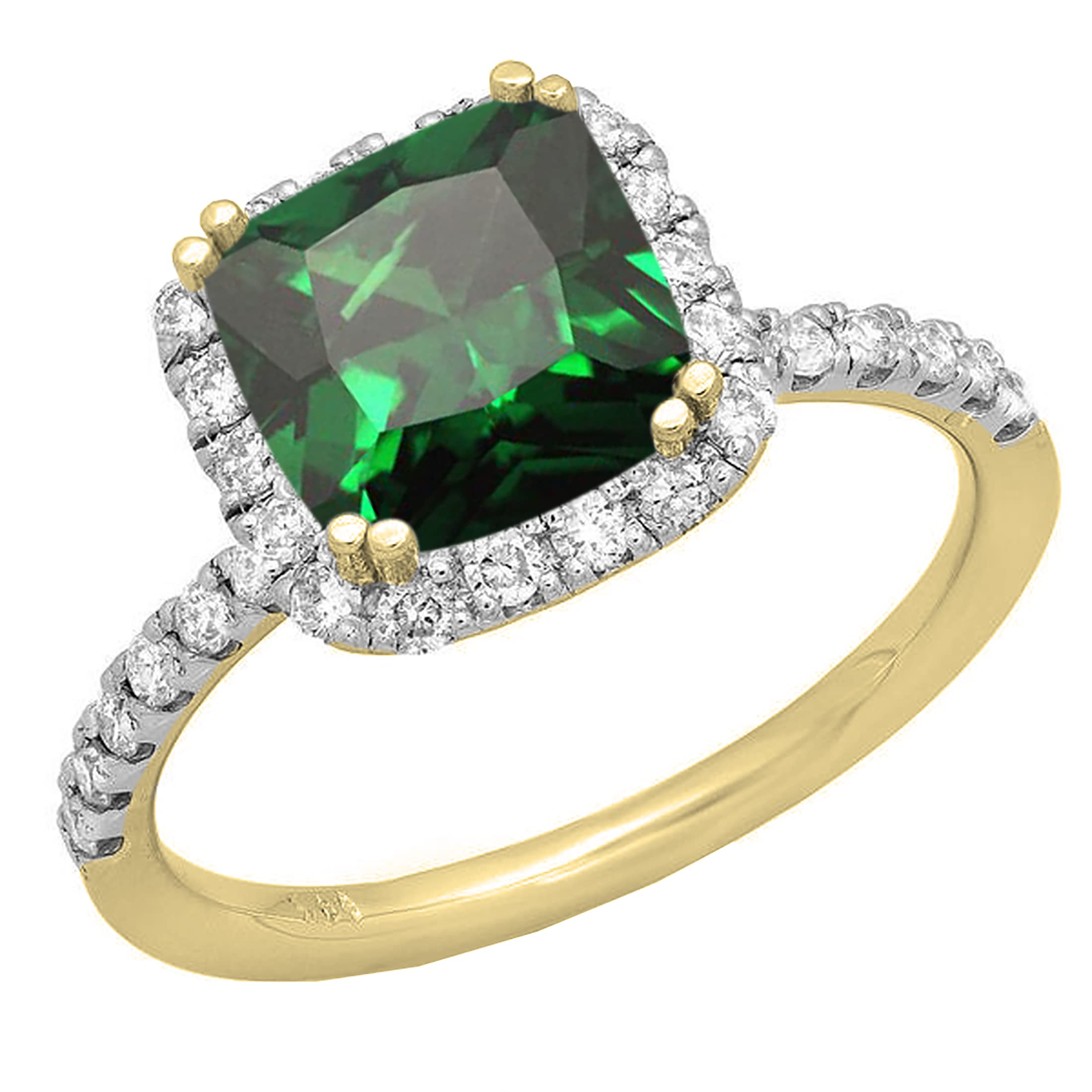 Dazzlingrock Collection 7.5 mm Cushion Lab Created Emerald & Round White Diamond Halo Engagement Ring for Women in 14K Yellow Gold Size 8