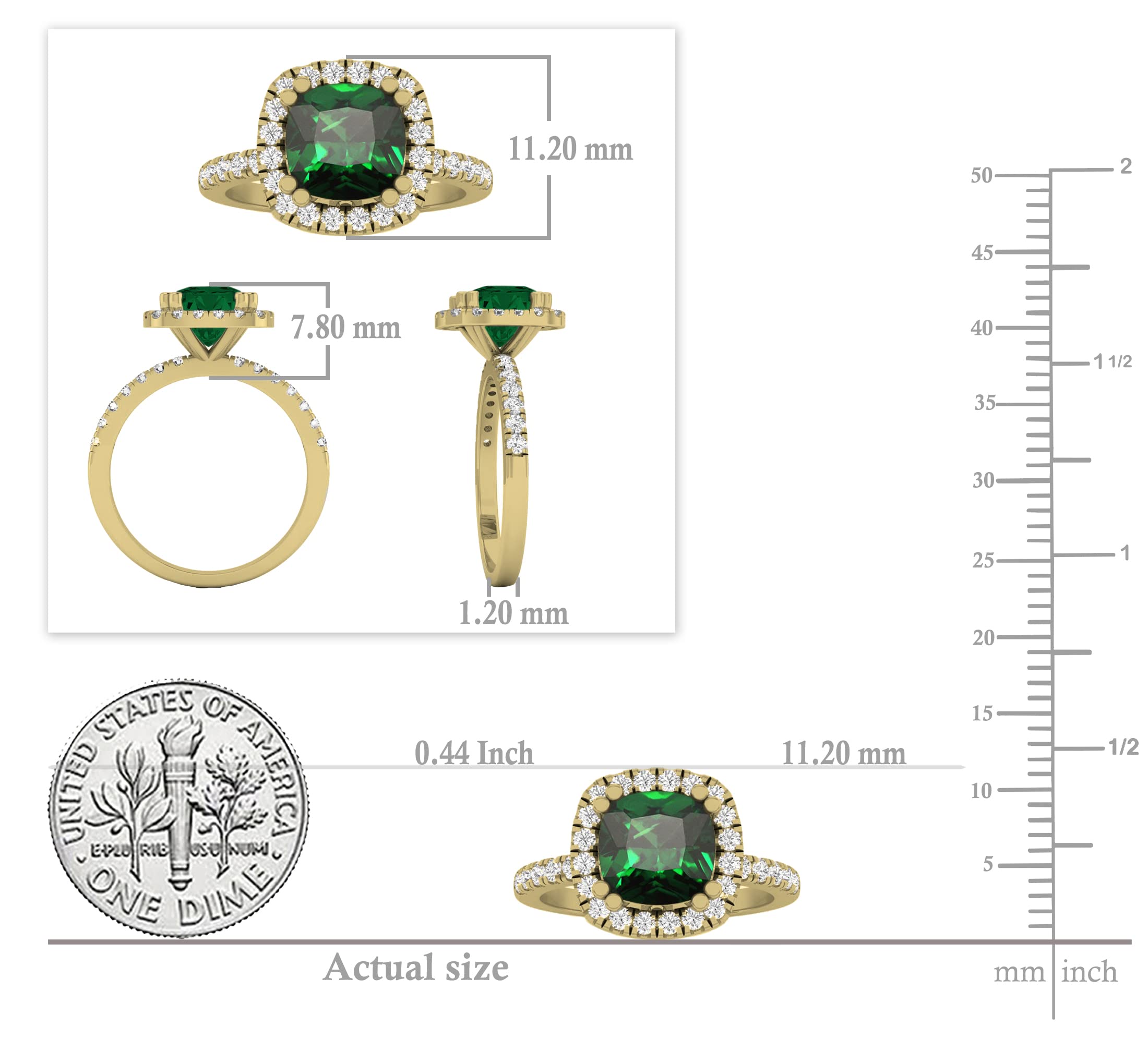 Dazzlingrock Collection 7.5 mm Cushion Lab Created Emerald & Round White Diamond Halo Engagement Ring for Women in 14K Yellow Gold Size 8