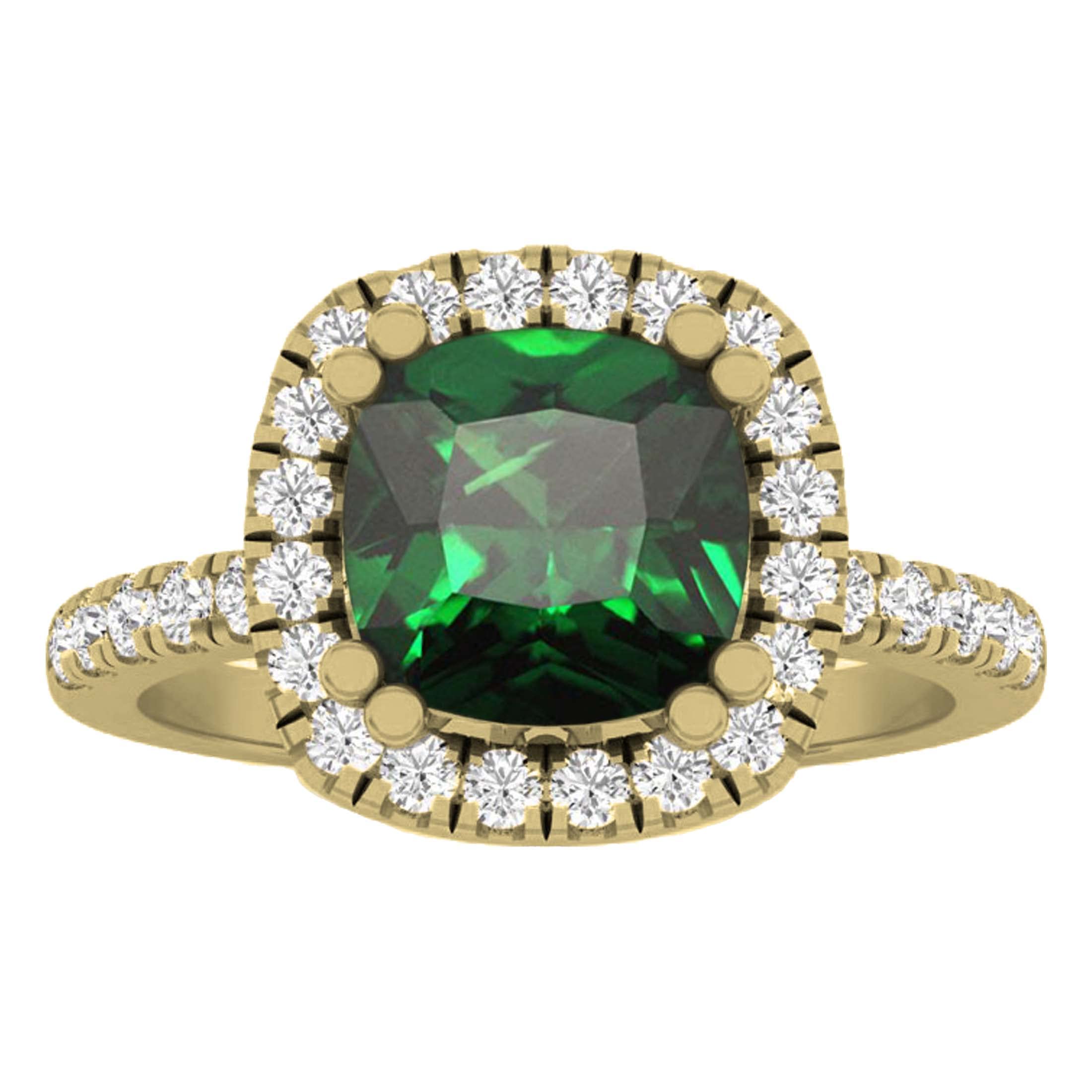 Dazzlingrock Collection 7.5 mm Cushion Lab Created Emerald & Round White Diamond Halo Engagement Ring for Women in 14K Yellow Gold Size 8