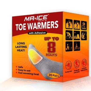 mr.ice toe warmers heating pad with adhesive backing - boot heat packs - long lasting safe natural odorless air activated warmers - up to 8 hours of heat - 20 pairs value packs