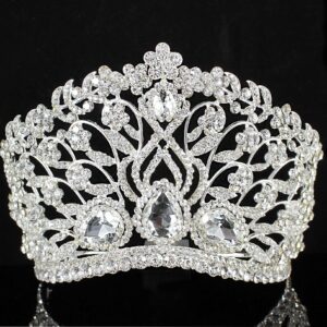 Janefashions Large Floral Clear White Austrian Rhinestone Crystal Tiara Crown With Hair Comb Headband Veil Headpiece Beauty Queen Princess Pageant Theater Show Bridal Gold Silver T901 (Silver)