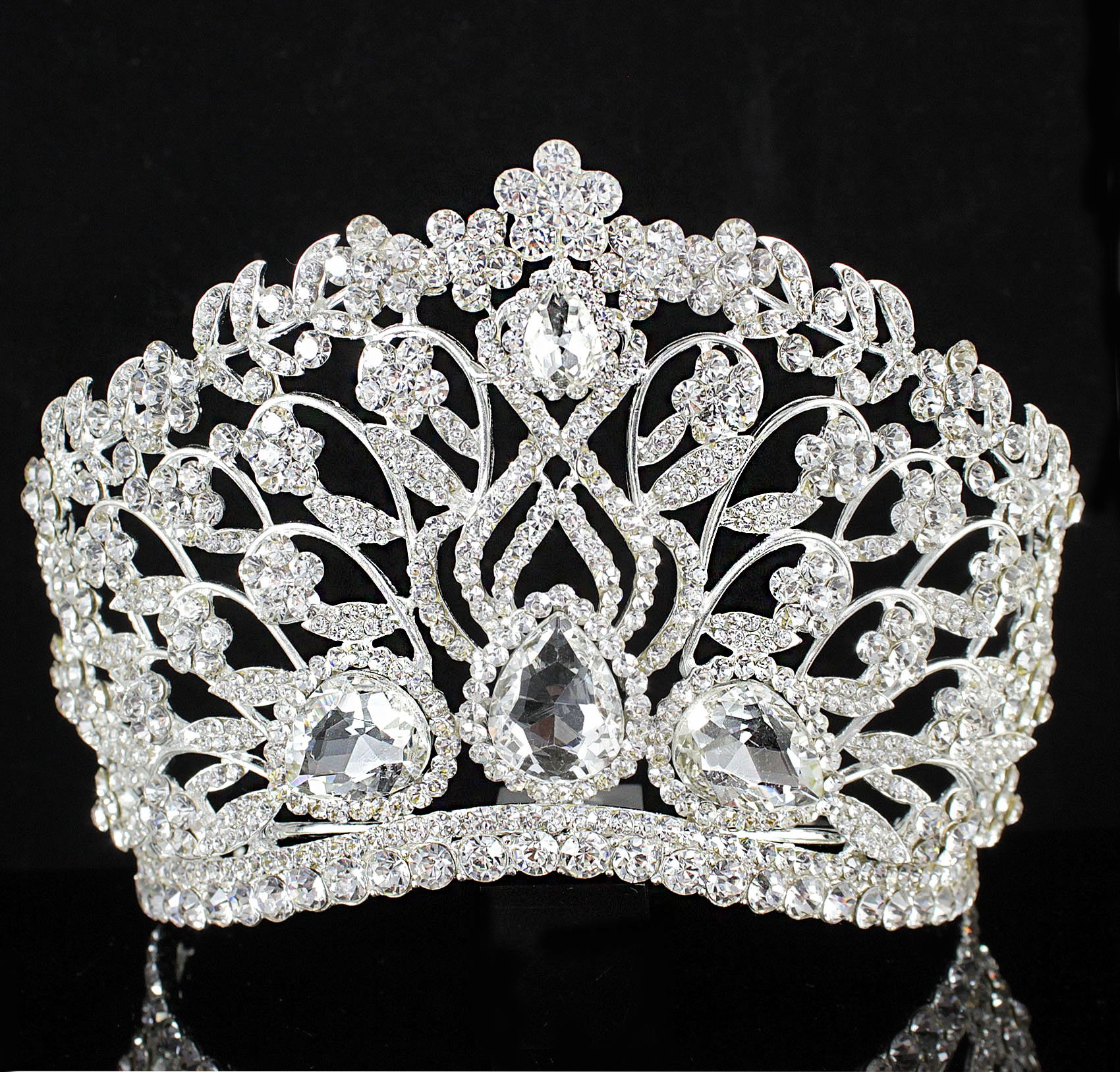 Janefashions Large Floral Clear White Austrian Rhinestone Crystal Tiara Crown With Hair Comb Headband Veil Headpiece Beauty Queen Princess Pageant Theater Show Bridal Gold Silver T901 (Silver)