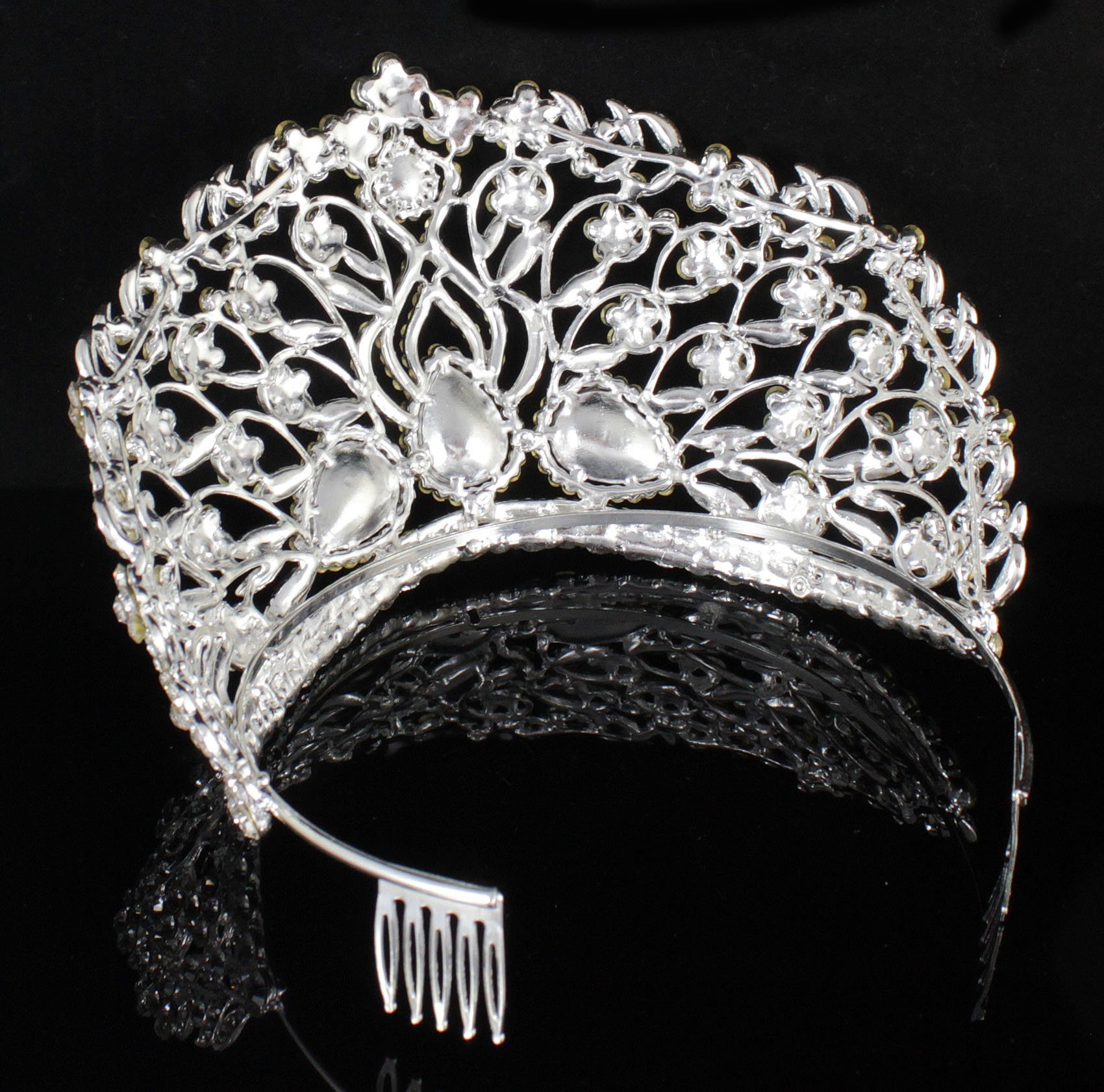 Janefashions Large Floral Clear White Austrian Rhinestone Crystal Tiara Crown With Hair Comb Headband Veil Headpiece Beauty Queen Princess Pageant Theater Show Bridal Gold Silver T901 (Silver)