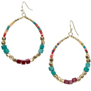 SPUNKYsoul Bohemian Multi-Colored Cube Beaded Hoop Earrings for Women (Teal/Red/Cube)