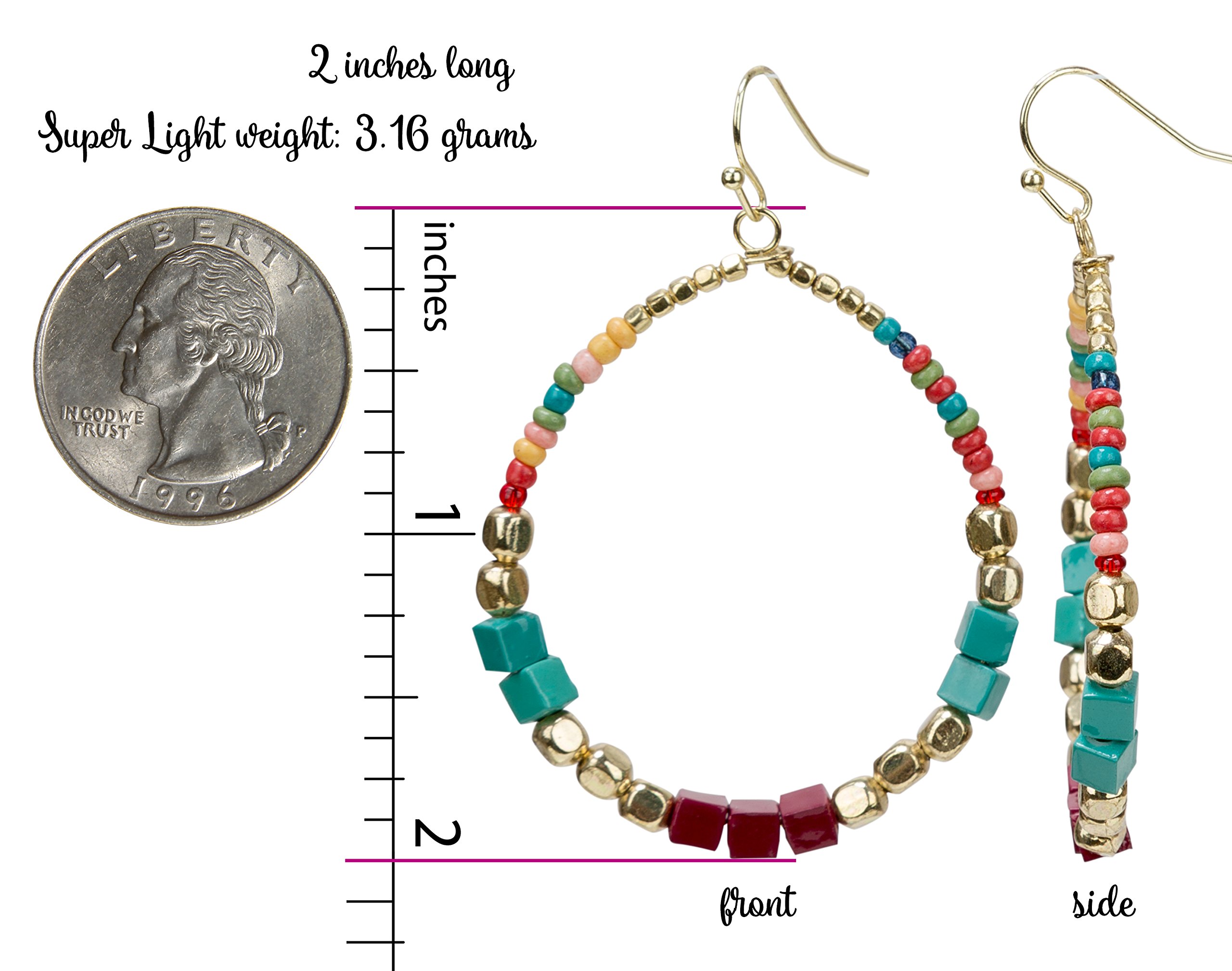 SPUNKYsoul Bohemian Multi-Colored Cube Beaded Hoop Earrings for Women (Teal/Red/Cube)