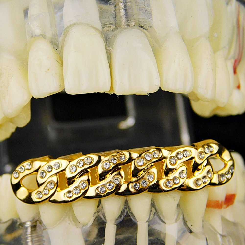 14k Gold Plated Cuban Link Grillz Iced Full Stone Bling Bottom Teeth Hip Hop Grills