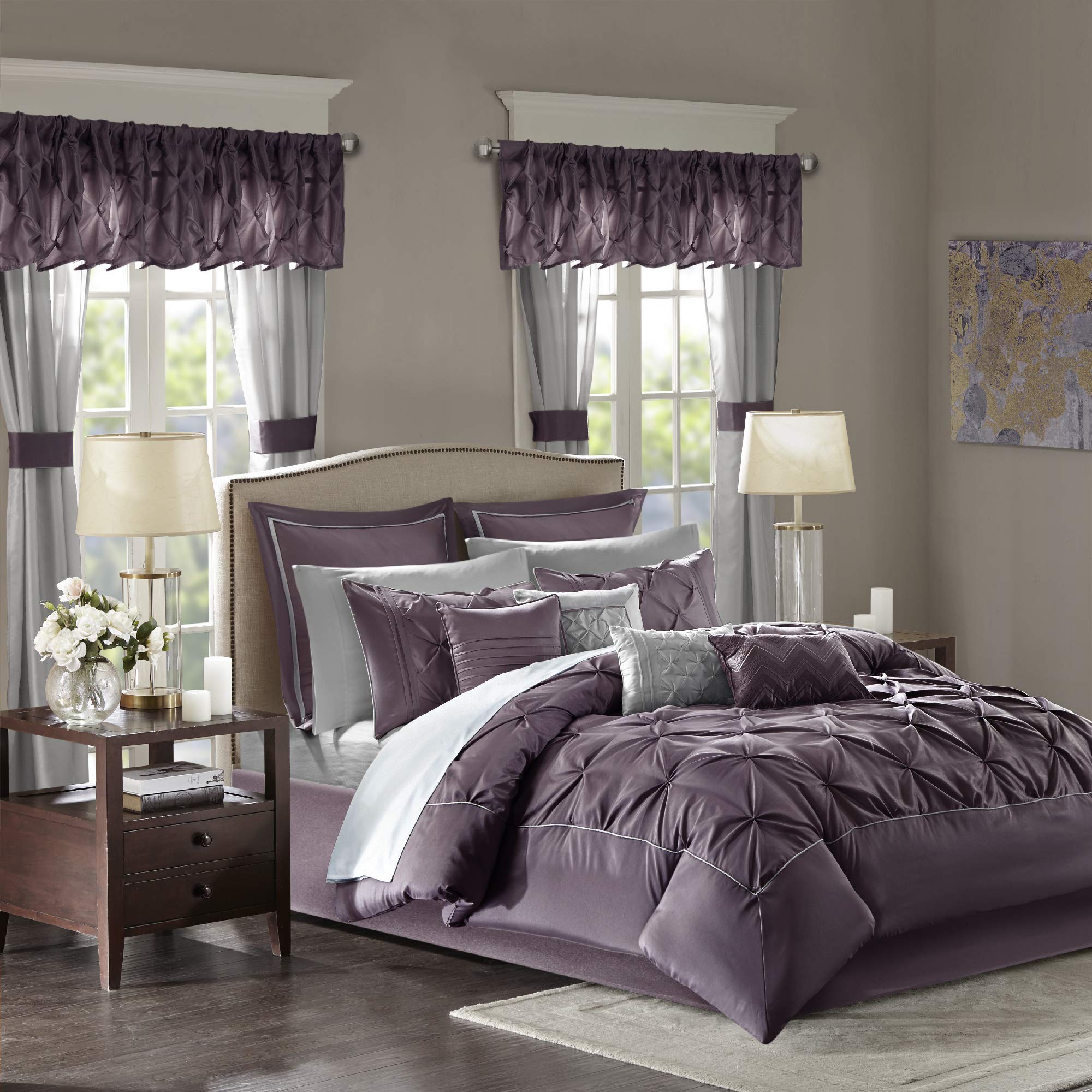 Madison Park Essentials Cal King Comforter Set, 24 Piece Bedding With Matching Curtains, Decorative Pillows, Luxe Diamond Tufting , Room in a Bag Joella Collection, Plum Cal King