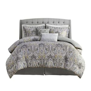 Harbor House Cozy Cotton Comforter Set - Classic Modern Design, All Season Down Alternative Casual Bedding, Matching Shams, Hallie, Damask Grey King(110"x96") 6 Piece