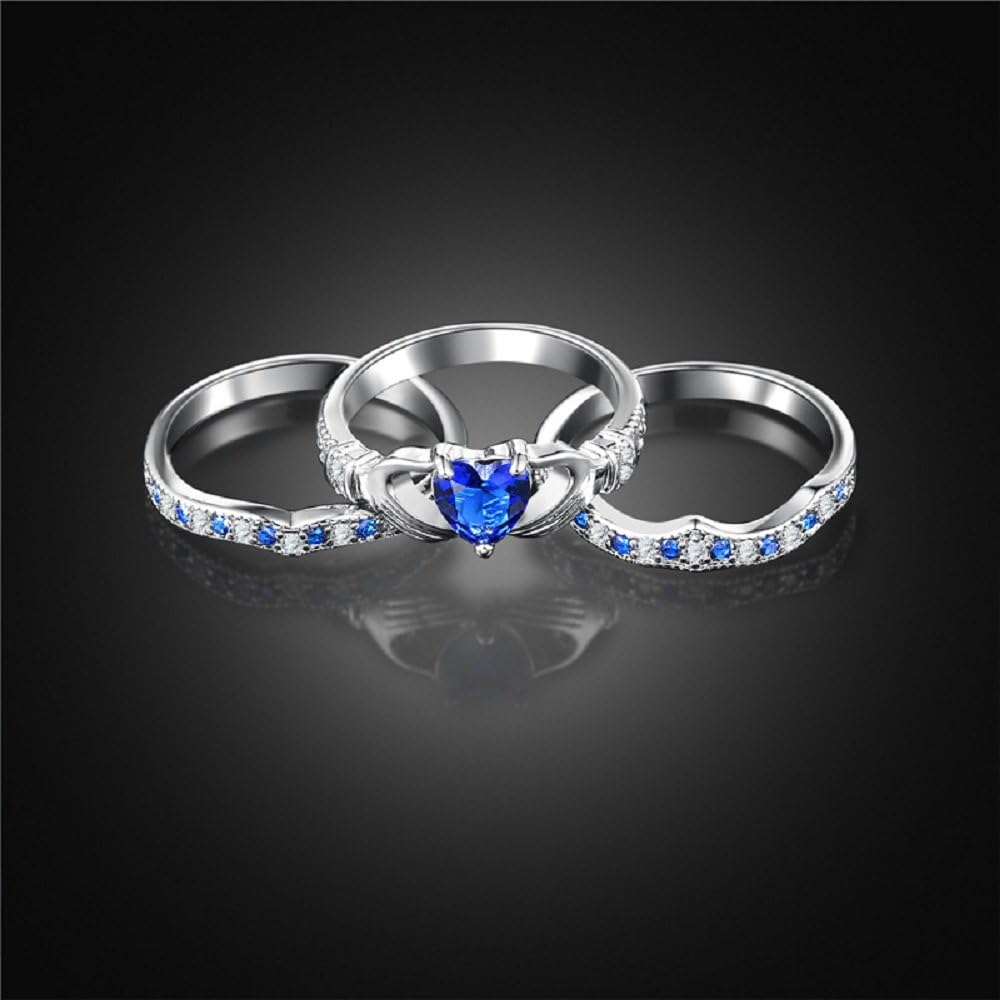 Uloveido Platinum Blue Heart Love Ring Irish Friendship Ring Women's Engagement Triple Band Set Ring CZ Bridal Wedding Jewellery HR314-7