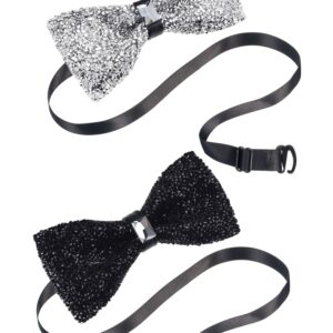 2 Pieces Rhinestone Bow Ties Banquet Bowties Men's Pre-tied Bow Ties for Wedding and Parties (Black and Silver)