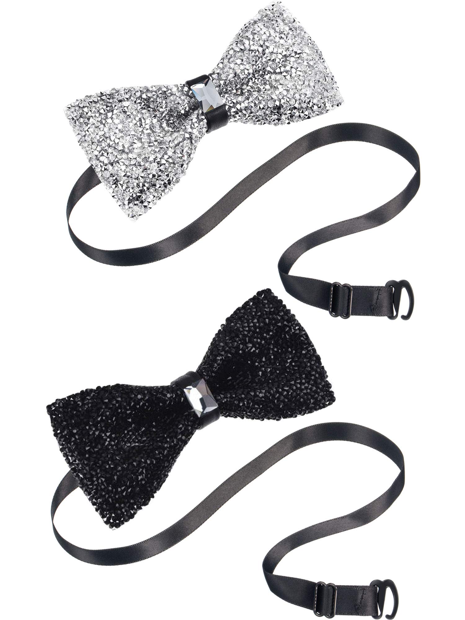 2 Pieces Rhinestone Bow Ties Banquet Bowties Men's Pre-tied Bow Ties for Wedding and Parties (Black and Silver)