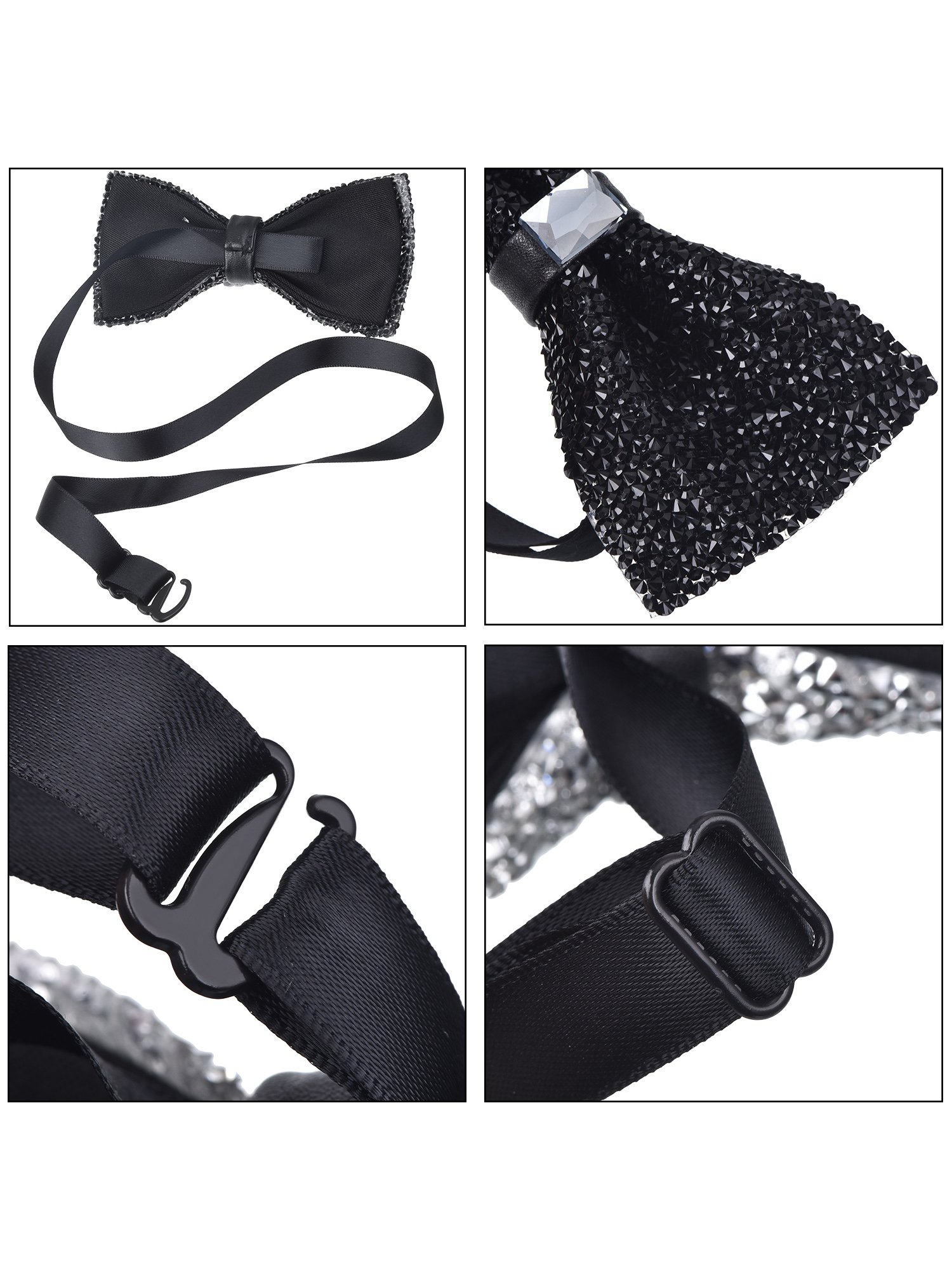 2 Pieces Rhinestone Bow Ties Banquet Bowties Men's Pre-tied Bow Ties for Wedding and Parties (Black and Silver)