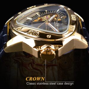 Winner Fashion Mechanical Wrist Watch Triangle Racing Dial, Waterproof Golden Skeleton Dial Automatic Movement Leather Design Mechanical Watch for Men