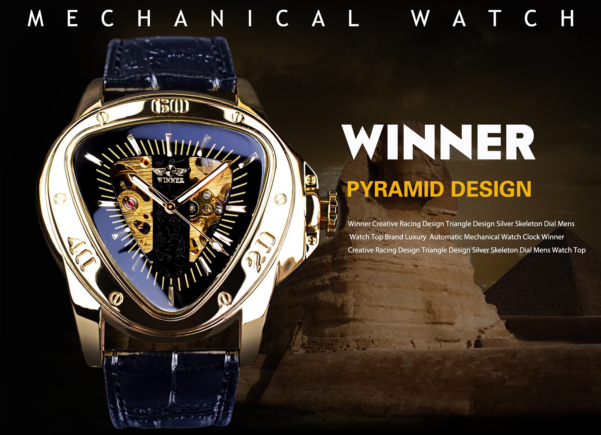 Winner Fashion Mechanical Wrist Watch Triangle Racing Dial, Waterproof Golden Skeleton Dial Automatic Movement Leather Design Mechanical Watch for Men