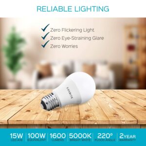 LUXRITE A19 LED Light Bulb 100W Equivalent, 5000K Bright White Non-Dimmable, 1600 Lumens, Standard LED Bulb 15W, E26 Medium Base, UL Listed, Perfect for Table Lamps and Home Lighting (6 Pack)