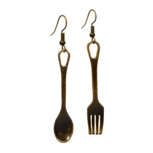 sterling bronze decorative utensils of "fork and spoon" lunch dinner set novelty fashion dangle earrings (earring2002)