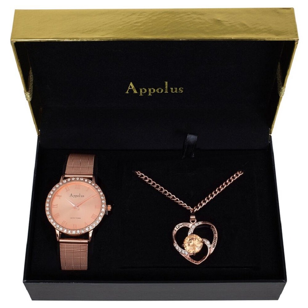 Appolus Gifts For Mom Engraved I Love You Mom Watch Necklace Set with rose gold-tone Cubic Zirconia