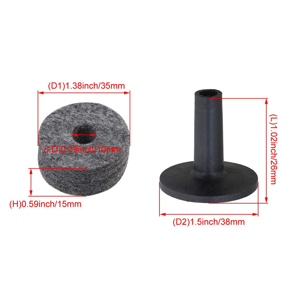 Yibuy Black Drum Set Replacement Parts Felt Washers + Plastic Long Flanged Cymbal Sleeves Pack of 20