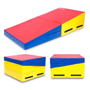 matladin folding gymnastics cheese wedge incline mat, gym fitness tumbling skill shape mat for kids girls home training exercise (55"x28"x14", red+yellow+blue)