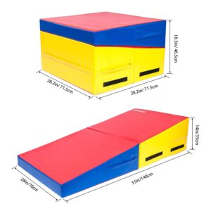 Matladin Folding Gymnastics Cheese Wedge Incline Mat, Gym Fitness Tumbling Skill Shape Mat for Kids Girls Home Training Exercise (55"x28"x14", Red+Yellow+Blue)