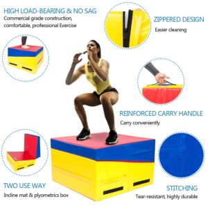 Matladin Folding Gymnastics Cheese Wedge Incline Mat, Gym Fitness Tumbling Skill Shape Mat for Kids Girls Home Training Exercise (55"x28"x14", Red+Yellow+Blue)