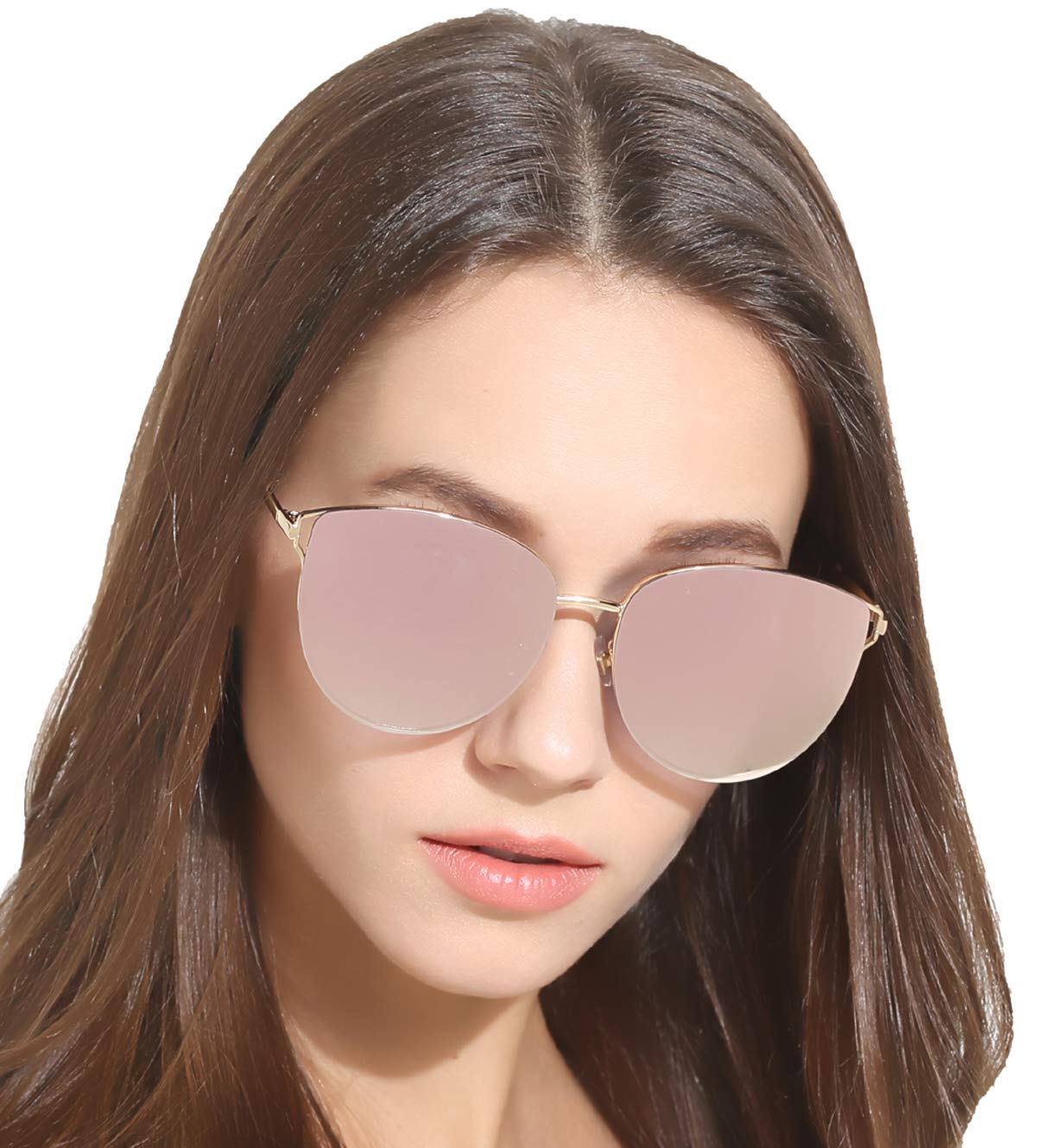 U.I STATION Oversized Mirrored Sunglasses for Women, Cat Eye Sunglasses, Rimless Sunglasses with Sunglasses Case (pink), Large