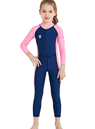 Girls Sun Suit Long Sleeve UV Sun Protection Swimsuit One Piece Stretch Full coverage Wetsuit Swimwear Navy S