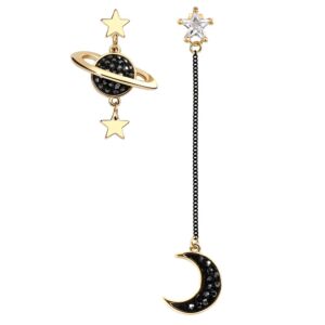 GooNight Asymmetrical droop Black Moon and Star Dangle Earrings Gold Plated Cubic Zirconia Sterling Silver Jewelry for Girls and Women