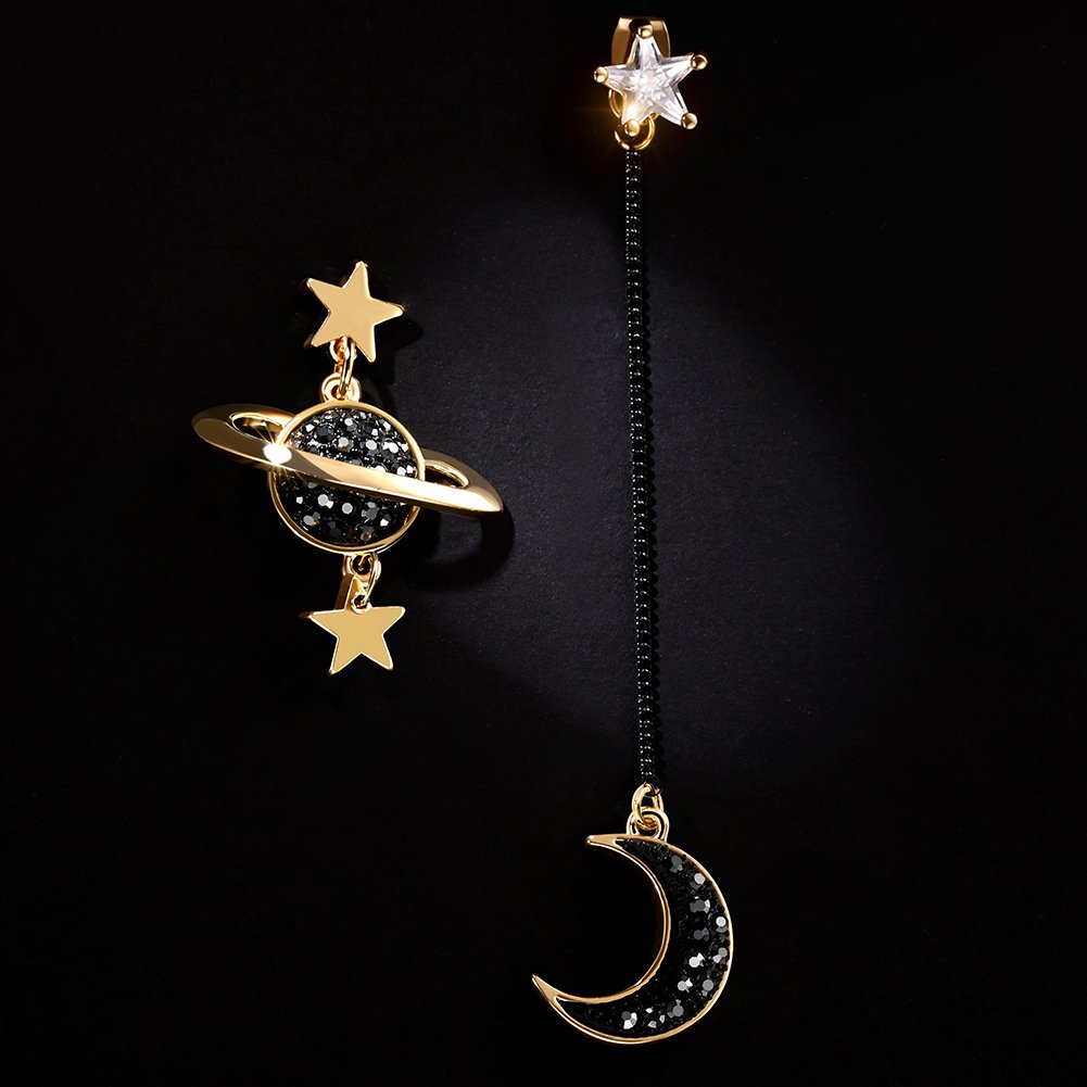 GooNight Asymmetrical droop Black Moon and Star Dangle Earrings Gold Plated Cubic Zirconia Sterling Silver Jewelry for Girls and Women