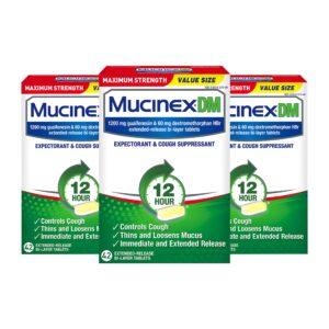 Cough Suppressant and Expectorant, Mucinex DM Maximum Strength 12 Hour Tablets, 42ct, 1200 mg Guaifenesin, Relieves Chest Congestion, Quiets Wet and Dry Cough (Pack of 3)