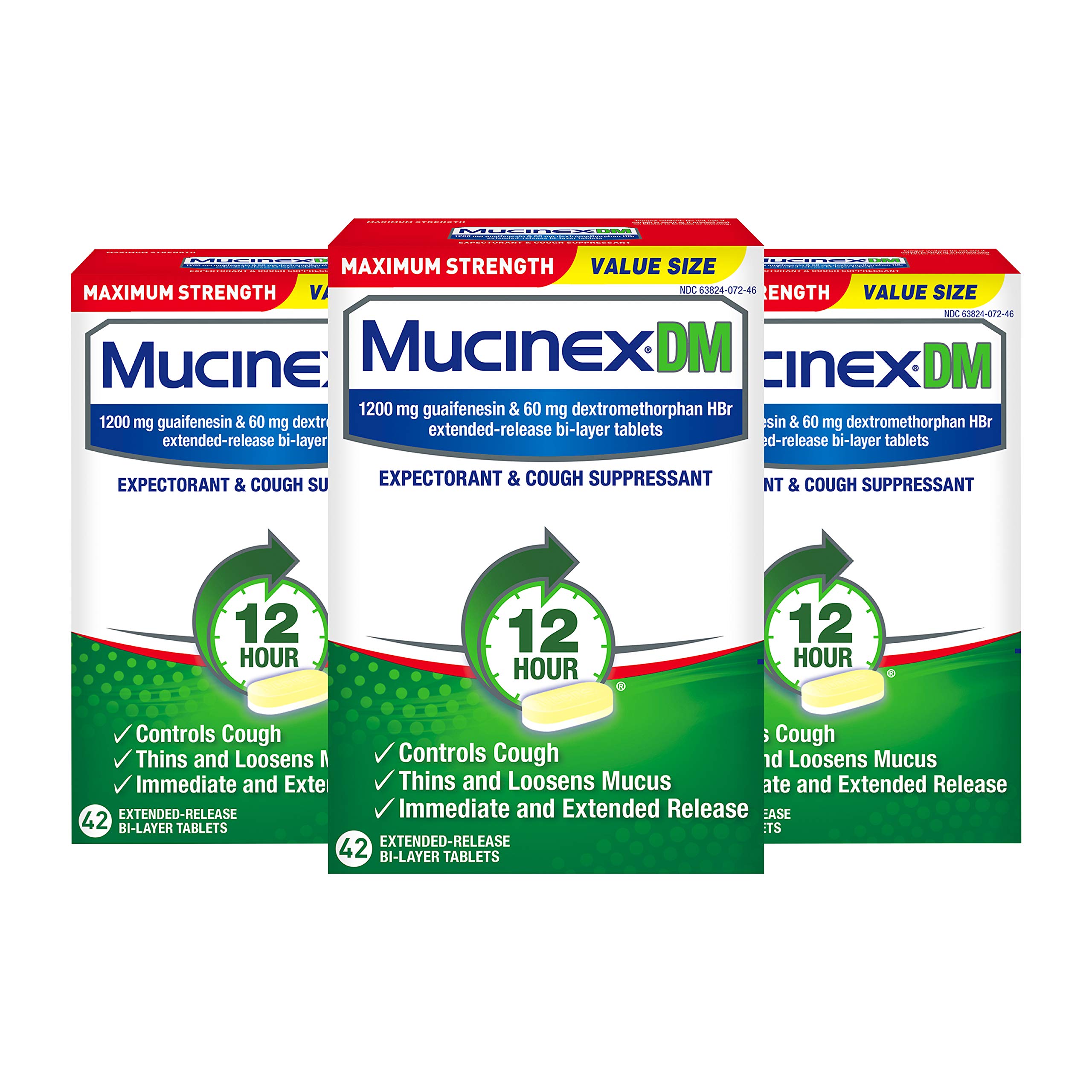 Cough Suppressant and Expectorant, Mucinex DM Maximum Strength 12 Hour Tablets, 42ct, 1200 mg Guaifenesin, Relieves Chest Congestion, Quiets Wet and Dry Cough (Pack of 3)