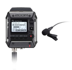 zoom f1-lp lavalier body-pack recorder, audio for video recorder, records to sd card, battery powered, includes lavalier microphone