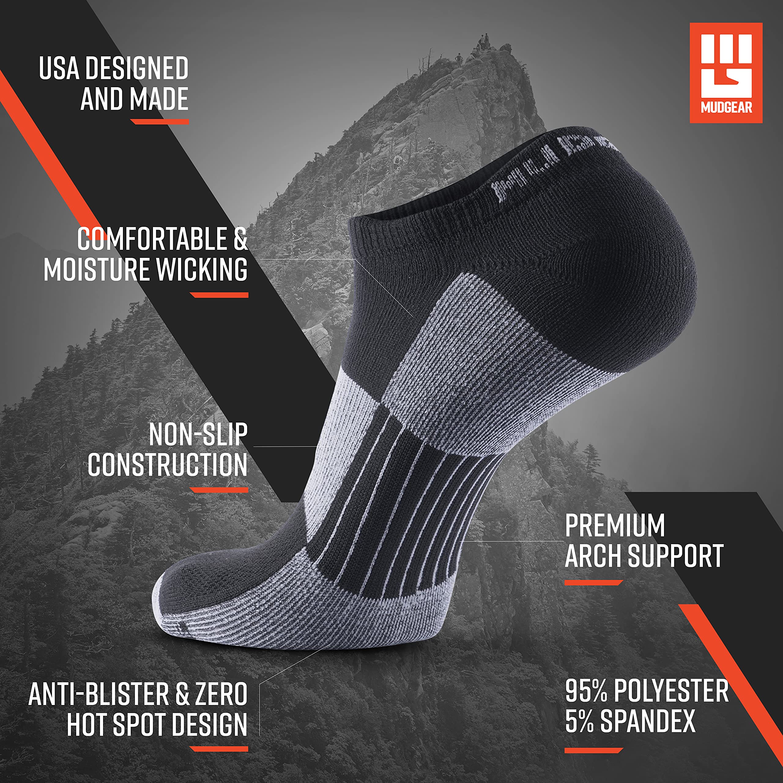 MudGear No Show Socks - Official Spartan Race Men's and Women's Socks for Running, Rucking, Racing, Hiking, Workout etc. - 2 Pack Athletic Moisture Wicking Cushioned No Show Socks (Black/Gray, Large)