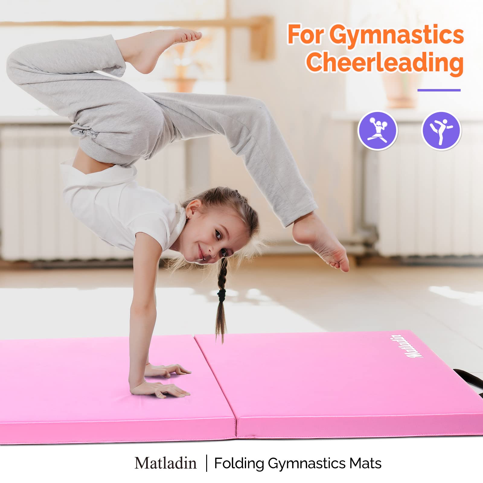 Matladin 8' Folding Gymnastics Gym Exercise Aerobics Mat, 8ft x 2ft x 2in PU Leather Tumbling Mats for Stretching Yoga Cheerleading Martial Arts (Pink)