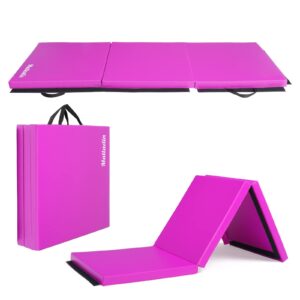 matladin 6' folding tri-fold gymnastics gym exercise aerobics mat, 6ft x 2ft x 2in pu leather tumbling mats for stretching yoga cheerleading martial arts (purple)