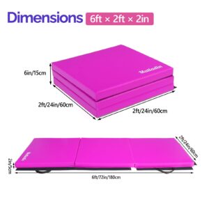 Matladin 6' Folding Tri-fold Gymnastics Gym Exercise Aerobics Mat, 6ft x 2ft x 2in PU Leather Tumbling Mats for Stretching Yoga Cheerleading Martial Arts (Purple)