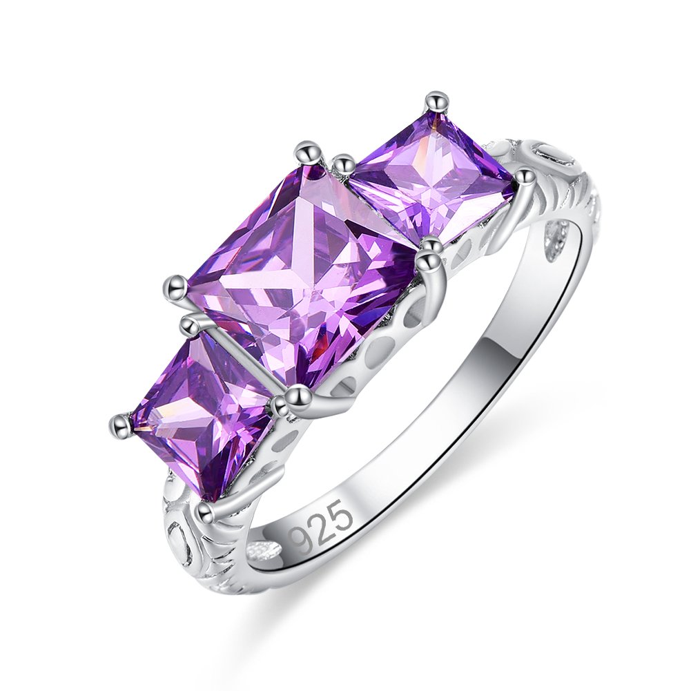 Psiroy 925 Sterling Silver Plated Princess Cut Simulated Amethyst 3 Stones Engagement Ring for Women Size 6