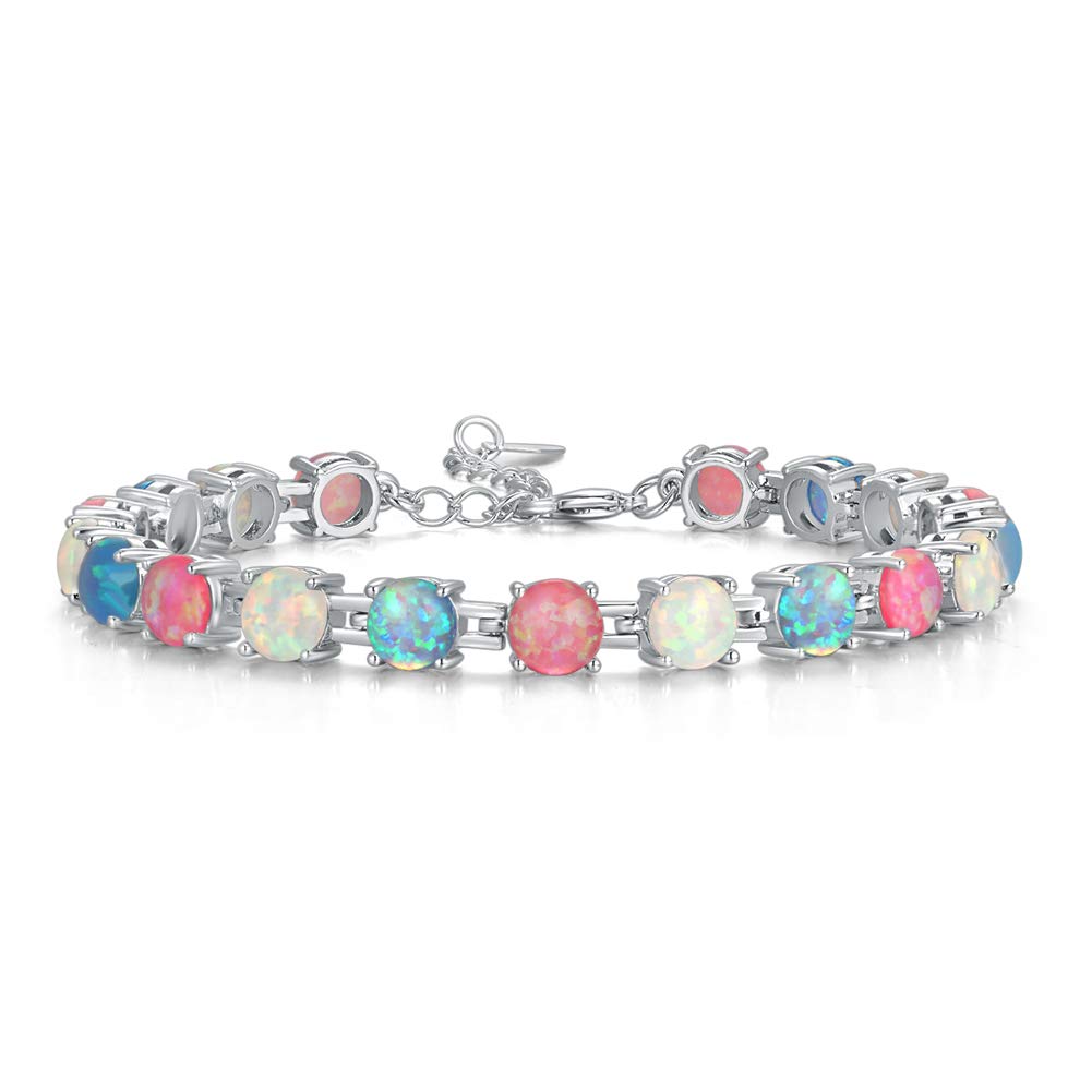 CiNily Created White Blue Pink Fire Opal Rhodium Plated for Women Jewelry Gemstone Bracelet 7"-8 1/2"