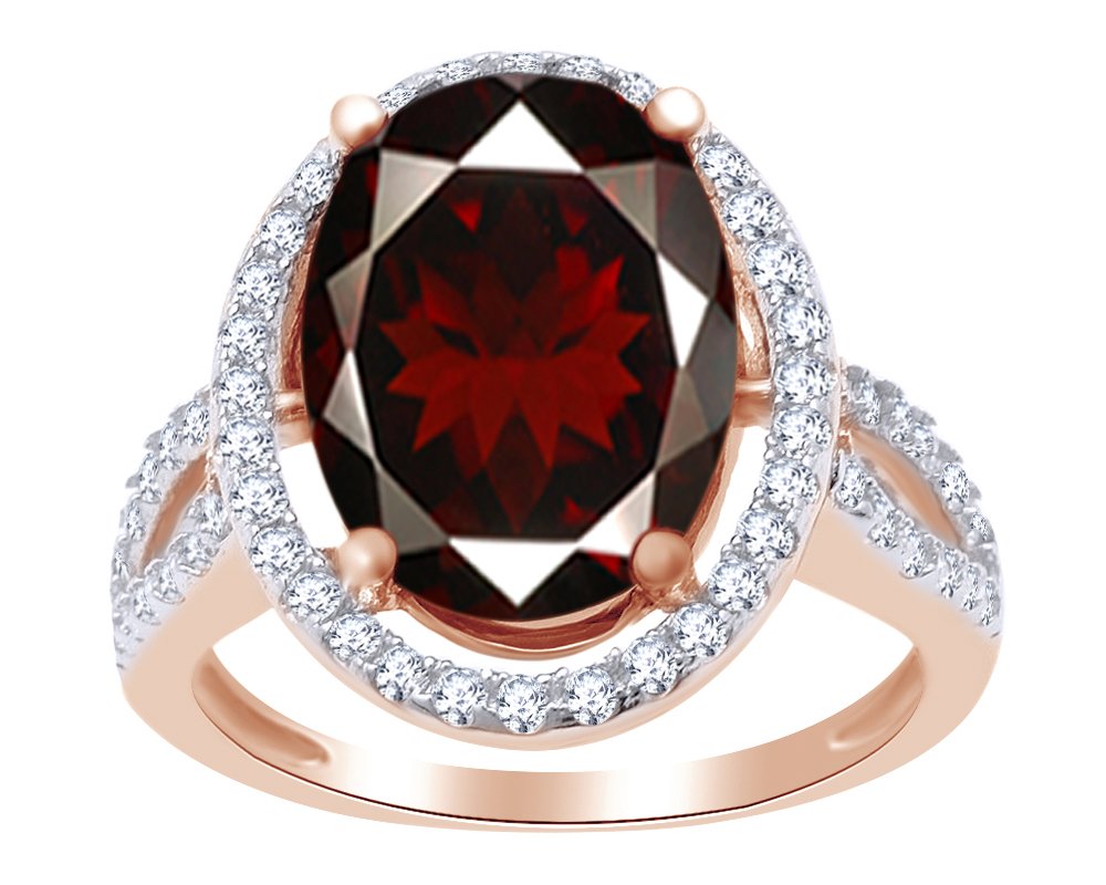 AFFY 6 Ct Oval Shape Simulated Garnet & White Cubic Zirconia Solitaire Engagement Ring in 14k Rose Gold Over Sterling Silver Ring Size - 7