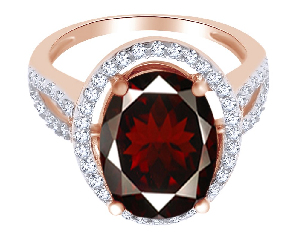 AFFY 6 Ct Oval Shape Simulated Garnet & White Cubic Zirconia Solitaire Engagement Ring in 14k Rose Gold Over Sterling Silver Ring Size - 7