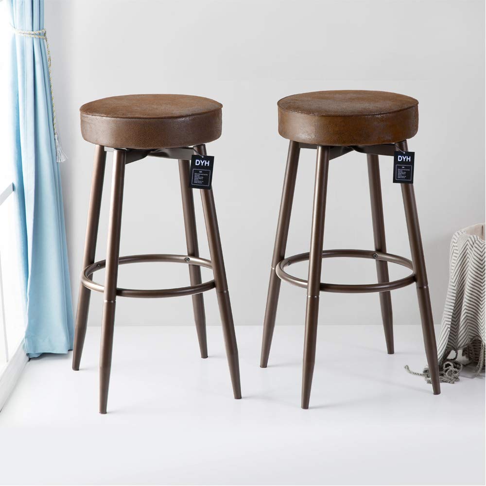 DYH Metal Bar Stools Set of 2, Swivel Chocolate Kitchen Counter Stool, Adjustable Industrial Round Barstool, Brown Bar Chairs, 24 or 29 Inch for Counter Pub Height