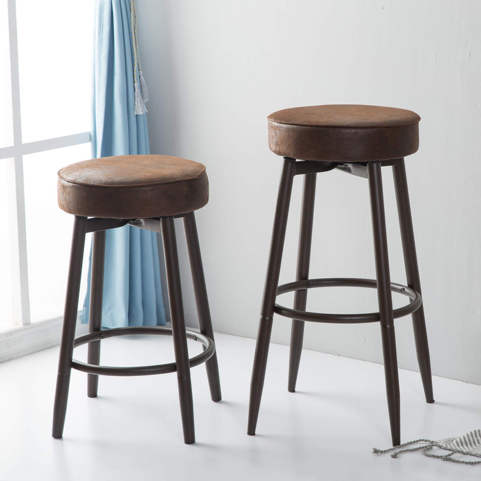 DYH Metal Bar Stools Set of 2, Swivel Chocolate Kitchen Counter Stool, Adjustable Industrial Round Barstool, Brown Bar Chairs, 24 or 29 Inch for Counter Pub Height