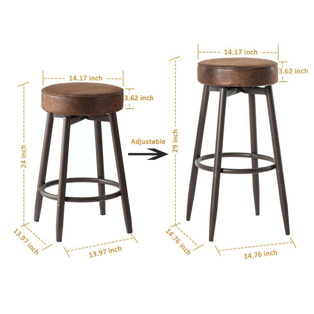 DYH Metal Bar Stools Set of 2, Swivel Chocolate Kitchen Counter Stool, Adjustable Industrial Round Barstool, Brown Bar Chairs, 24 or 29 Inch for Counter Pub Height