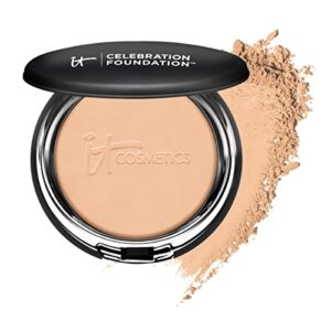 it cosmetics celebration foundation, medium tan (w) - full-coverage, anti-aging powder foundation - blurs pores, wrinkles & imperfections - with hydrolyzed collagen & hyaluronic acid - 0.3 oz compact